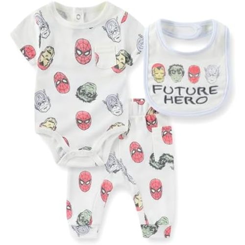 Marvel Avengers Baby Boys Bodysuit and Pants Set with Bib for Newborn and Infants