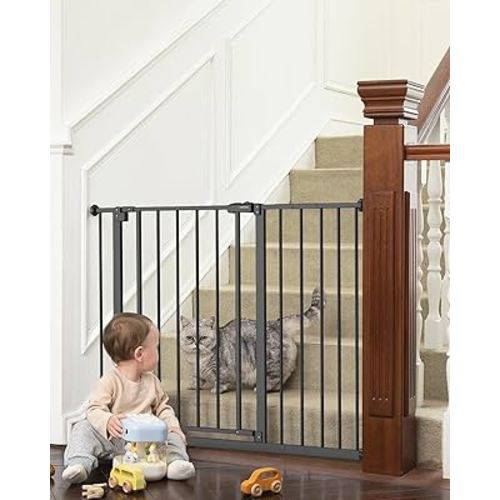 InnoTruth Baby Gate for Stairs 28.9-42.1" Wide, 30" Tall Easy Step Walk Through Expandable Dual Lock Dog Gates for The House, Metal Pressure Mounted Easy Install Pet Gate for Dogs, Black
