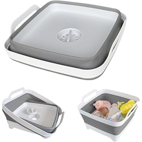 Collapsible Wash Basin for Baby Bottles - 2.4 Gallons Portable Wash Bin for RV Camping Sink, Space-Saving Dish Tub (Gray)