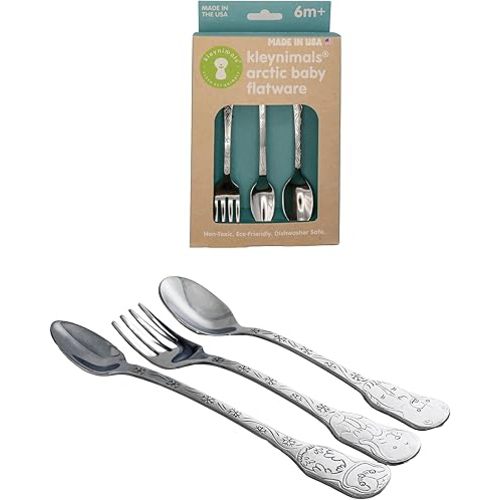 Kleynimals Arctic Friends Made in USA Baby Flatware – 100% Stainless Steel Baby Forks and Spoons, Non-Toxic, BPA-Free, Eco-Friendly, Dishwasher Safe – Safe Utensils for Babies & Toddlers