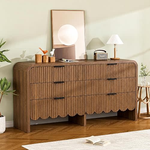 Walnut 6 Drawer Dresser for Nursery, Wood Dresser with 6 Drawers and Metal Handle, Fluted Dressers TV Stand, Wooden Closet Chest of Drawers for Kids Baby Room, Bedroom