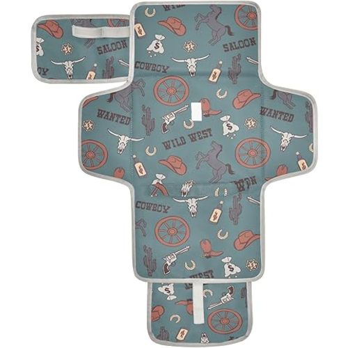 Caikeny Cowboy Teal Blue Baby Portable Changing Pads Wild West Toddler Changing Mat Station Pad Reusable Diaper for Infants Baby Newborn Girls Boys