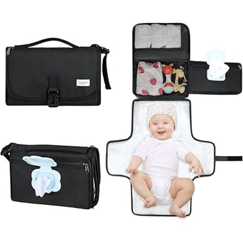 LANDICI Portable Diaper Changing Pad for Newborn Girl & Boy, Travel Waterproof Baby Changing Pad with Smart Wipes Pocket, Detachable Diaper Changing Mat, Gifts for Baby Newborn Essentials, Black