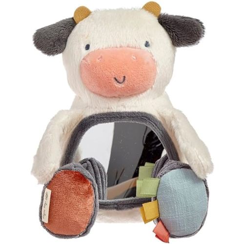 Itzy Ritzy Sensory Tummy Time Mirror - Features Crinkle & Jingle Sounds, Multiple Textures and Mirror for Self-Discovery, Cow