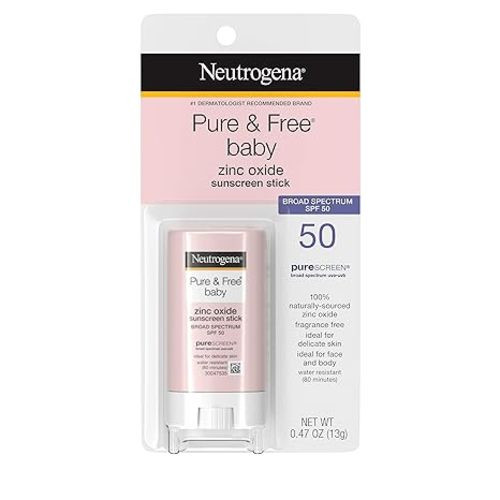 Neutrogena Pure & Free Baby Mineral Sunscreen Stick with Broad Spectrum SPF 50 & Zinc Oxide, Water-Resistant, Hypoallergenic, Paraben-, Dye- & PABA-Free Baby Face & Body Sunscreen, 0.47 oz - 0.47 Ounce (Pack of 1)