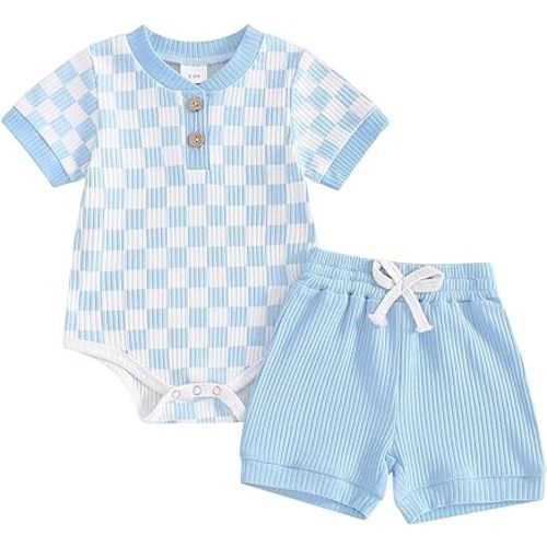 Newborn Baby Boy Girl Clothes Set Ribbed Short Sleeve Striped Romper Top Solid Color Shorts Sets 2Pcs Summer Outfits