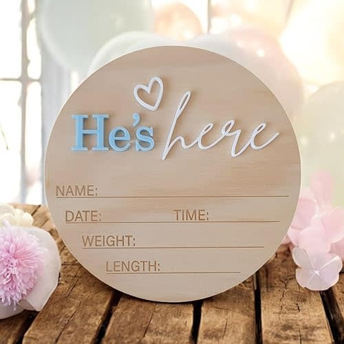 Wooden Birth Announcement Sign, 6 Inch Round Plaque, She’s Here or He's Here Announcement Plaque, Baby Newborn Announcement | Hello World Sign (Hee)