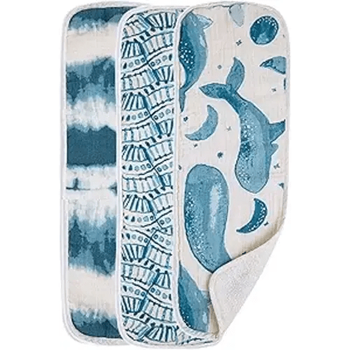 Crane Baby Muslin Burp Cloths, Nautical Theme Whale Design, Baby Boy Essentials, Cotton, Set of 3, 7" x 20" Blue Burp Cloth Set