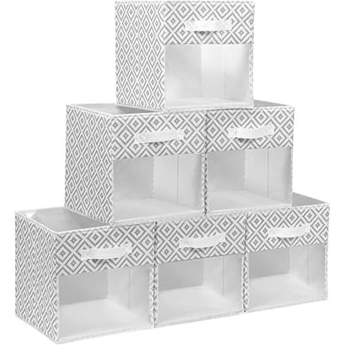 13x13 Large Storage Bins with Clear Window, Set of 6 Storage Cubes, Collapsible Cube Storage Bins, Fabric Closet Organizers with Handles for Home, Office, Closet Shelf Cabinet, Bookcase, Cream