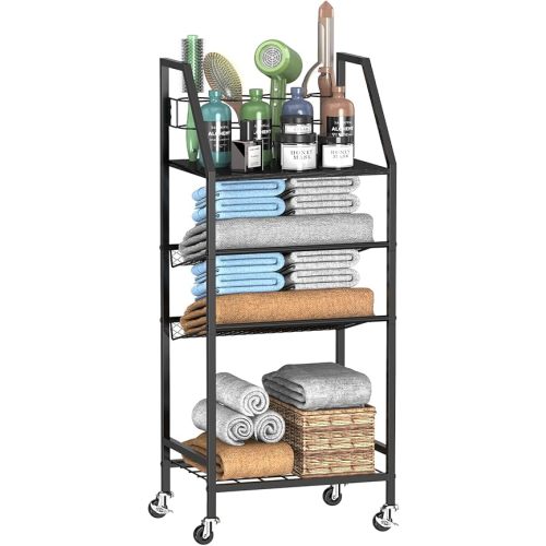 4-Tier Towel Rack Free Standing with Hair Tool Organizer, Durable Metal Towel Holder for Bathroom, Pool Towel Rack, Space-Saving Storage Organizer, Bath Shelf with Wheels, Black