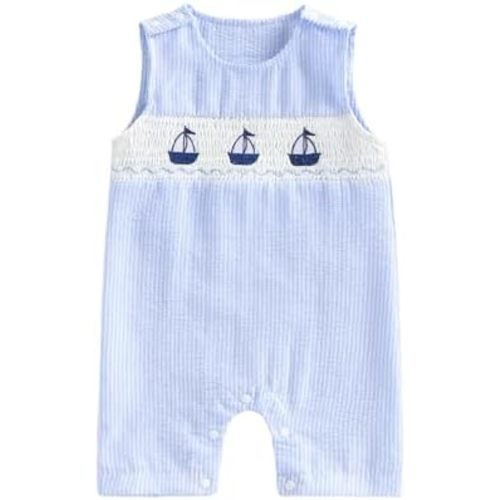 Newborn Baby Boys Sleeveless Seersucker Romper Sailboat One Piece Straps Overalls Striped Summer Smocked Clothes