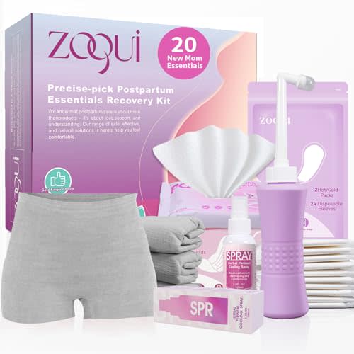 20 Pcs Mom Postpartum Essentials Recovery Kit, Hospital Bag Must Haves for New Mom, Postpartum Pads, Peri Bottle, Cooling Spray, Perineal Cooling Pad Liners, Disposable Underwear, Hot&Cold Packs(Set)