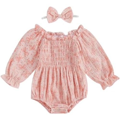 Infant Baby Girl Floral Romper Outfit Cotton Linen Smocked Bodysuit Long Sleeve Boho Clothes with Headband
