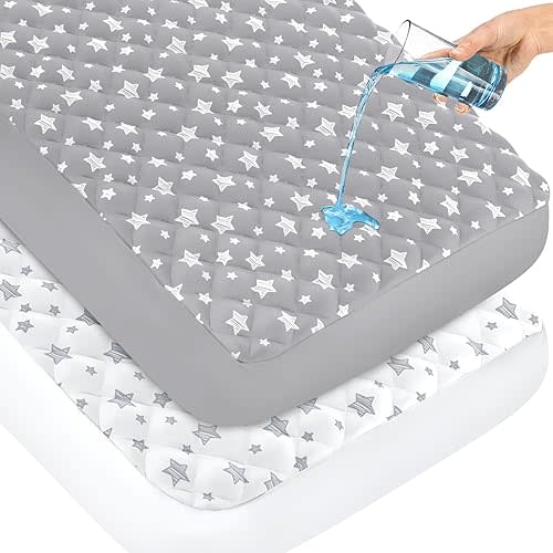 Crib Mattress Protector Waterproof 2 Pack, Quilted Crib Mattress Pad Cover 52'' x 28'' Extra Soft Breathable Toddler Bed Cover Fitted Crib/Toddler Mattress Stretch Up to 8", Grey & White Star