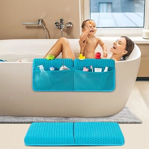 Baby Bath Kneeler and Elbow Rest Pad Set, 1.5'' Thick Quickly Dry Bathtub Kneeling Pad for Knee & Arm Support, Bath tub Kneeling Mat with Toy Organizer for Happy Baby Bathing Time (Baby Blue)