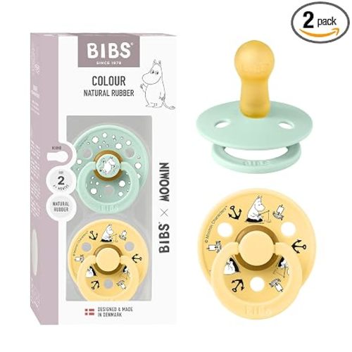 BIBS Colour Moomins Pacifier 2-Pack, BPA Free Pacifier, Round Nipple. Natural Rubber Latex, Made in Denmark, Size 2 (6-18 Months), Nordic Mint/Pale Butter