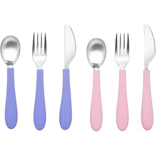 Kids Stainless Steel Utensils Set - Premium 18/8 Grade Silverware Kit - 2 Spoons, 2 Forks, and 2 Knives for Ages 4-7 - Silicone Easy-Grip Handles - Children Flatware Cutlery (Bright - Purple, Pink)