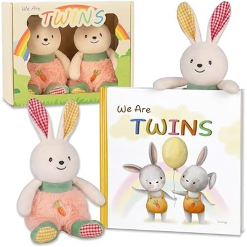 Twin Baby Gifts 3-Piece Set – Rhyming Storybook + 2 Plush Rabbit Rattles, Newborn Essentials for Boy and Girl, Soft Crinkle Sensory Toy, Baby Shower Gift Box