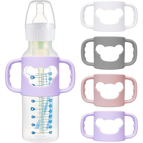 4 Pack Silicone Baby Bottle Handles for Dr. Brown's Narrow & Wide Baby Bottles Hoder, Easy Grip Self-Feeding Universal Bottle Handle, BPA-Free, 100% Silicone, White, Gray, Pink, Purple