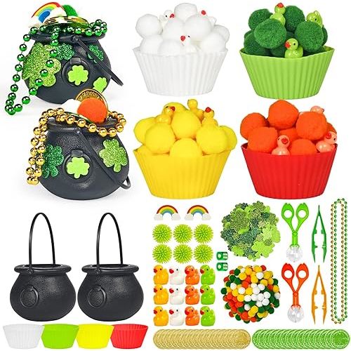 Cinrobiye 264 Pcs St. Patrick Day Sensory Bin Fillers Irish Sensory Activity Filler Set with Pompoms Lucky Shamrock Coins Cauldron Pot Necklace Tweezers Scissors Clips Sticker for Sorting Counting