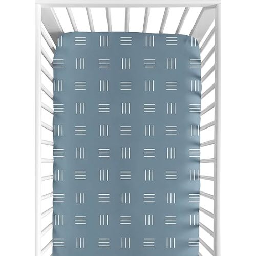 Sweet Jojo Designs Dark Blue Boho Mudcloth Boy or Girl Fitted Crib Sheet Baby Toddler Bed Nursery - Slate Blue and White Bohemian Woodland Tribal Southwest Mud Cloth Hatch Gender Neutral Triple Line