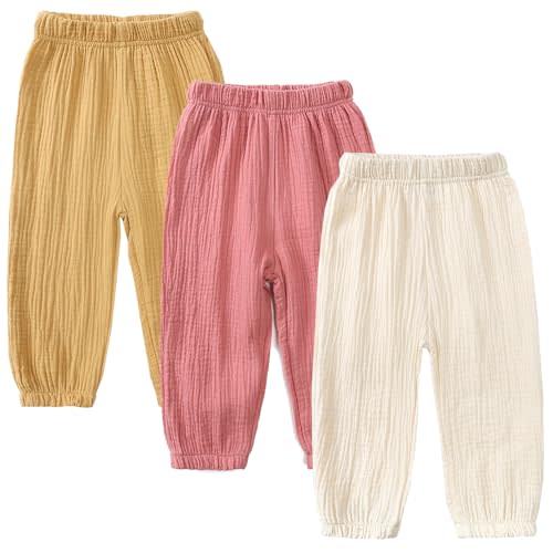 GFQLONG Toddler Baby Girls 3 Pack Elastic Waist Pants Soft Cotton Linen Harem Bloomers Summer Fall Long Pants
