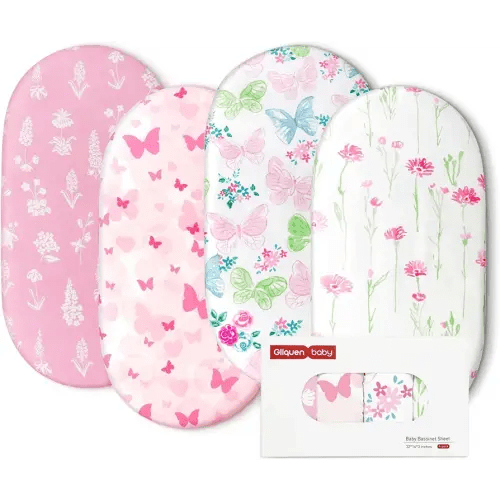 Gllquen Baby Bassinet Sheets 4 Pack, Breathable Cozy Fitted Mattress Sheet, Elastic Travel Crib Fashionable Floral Pattern, Standard Cradle Safe Sheets for Baby Boy Girls 32"X16" (Butterfly)
