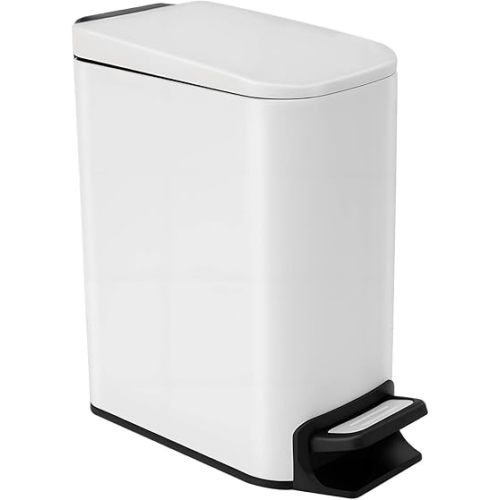Slim Bathroom Trash Can with Soft Close Lid, Step Pedal, Removable Inner Bucket, Small Trash Can,6 Liter / 1.6 Gallon, Fingerprint-Resistant Small Garbage Bin for Bedroom, Office, Kitchen (White)