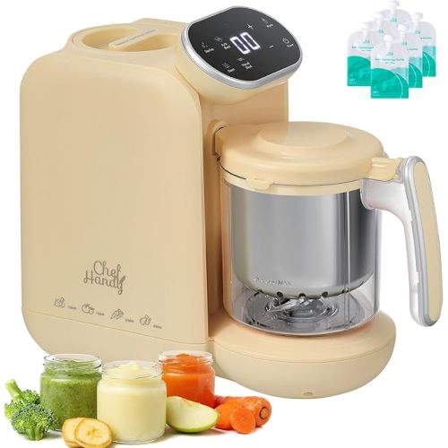 Chefhandy Baby Food Maker, Steamer & Blender with Stainless Steel Basket, Puree Maker with Auto/Manual Blend, Bottle Warmer & Sterili-zer, Safe & Easy-to-Clean Compact Baby Food Processor (Yellow)