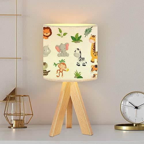 Tripod Table Lamp Jungle Animal Set Modern Bedside Dimmable Desk lamp Wooden Base Fabric Lampshade for Kids Room, Nursery, Bedroom, Living Room