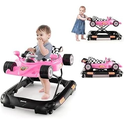 HONEY JOY Baby Walker, 4-in-1 Foldable Infant Activity Push Walker, Toddler Car Walker w/Adjustable Heights, Music, Lights, Removable Tray, Baby Walker with Wheels for Boys Girls 7-14 Months (Pink)