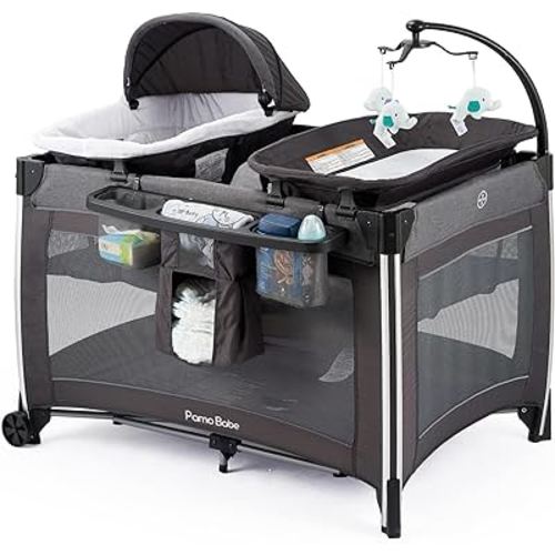 Pamo Babe 4 in 1 Portable Baby Crib Deluxe Nursery Center, Foldable Travel Playard with Bassinet, Mattress, Changing Table for Newborn, Infant, Toddler(Grey)