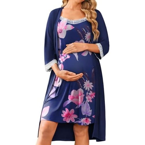 Ekouaer Women Lace Maternity Nursing Gown and 3/4 Sleeve Robe Set Double Layer Breastfeeding Nightgown Slip Dress & Bathrobe