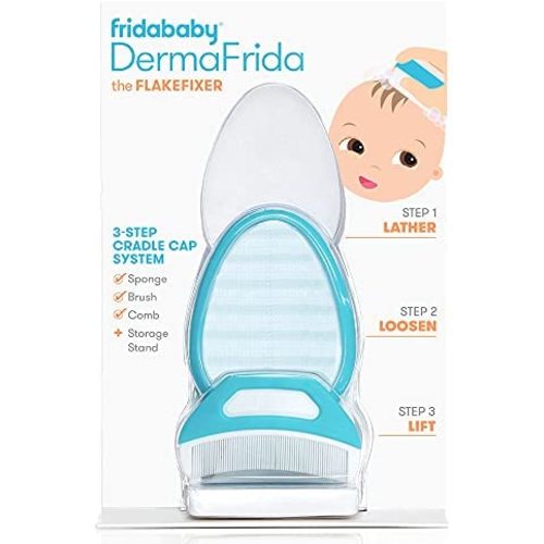 The 3-Step Cradle Cap System by Fridababy | DermaFrida The FlakeFixer | Sponge, Brush, Comb and Storage Stand for Babies with Cradle Cap