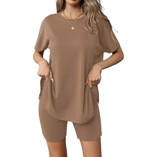 Ekouaer Women's 2 Piece Lounge Set 2025 Summer Biker Shorts Set Outfits Short Sleeve Oversized Top Matching Tracksuit