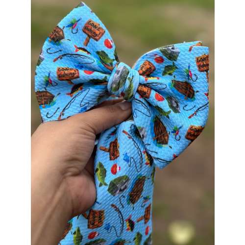 Gone fishing baby headwrap • Fishing blue baby headband .6” fishing hair bow , 6 inch single bow