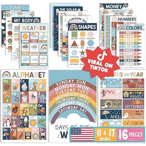 Hadley Designs 16 Educational Posters for Toddlers 1-3, Laminated Toddler Learning Posters for Preschool & Kindergarten, ABC Chart, Numbers, Colors, Shapes, Days of The Week, Boho Classroom Decor