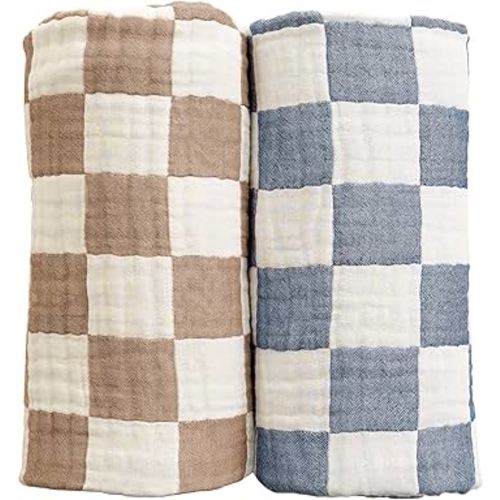 Ultra Soft Checkered Muslin Baby Blanket Pack of 2 Cotton Swaddles Bed Blankets for Babies and Toddlers Boys Newborn 42 x 42 inches (Blue and Coffee)