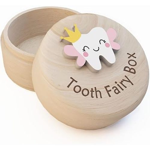 Tooth Fairy Box for Girls, Cute Carved Wooden Box with 3D Tooth, Stores Lost Teeth for Kids, Souvenir Dropped Tooth Keepsake Storage Box Gift for Little Girl(P-Wings-T)