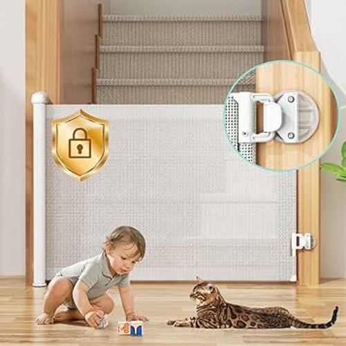 Retractable Baby Gates No Drill for Stairs Doorways with Auto-Lock, 33" *55" Mesh Baby/Dog/Pet/Cat Gate Safety Double Locking, Punch-Free Durable Child Safety Gate for Hallways Kitchen Indoor White