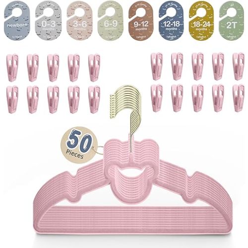 Velvet Baby Hangers with Clips – Organize Baby Clothes by Age with Size Dividers – Save Closet Space for Newborn to Toddler Outfits – Perfect Nursery Must-Have (Petal)