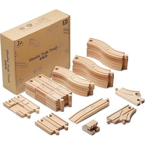 SainSmart Jr. Wooden Train Track 52 PCS, Track Expansion Compatible with All Major Brands Toddler Railway Toy Train Set Boys Train Set 3+