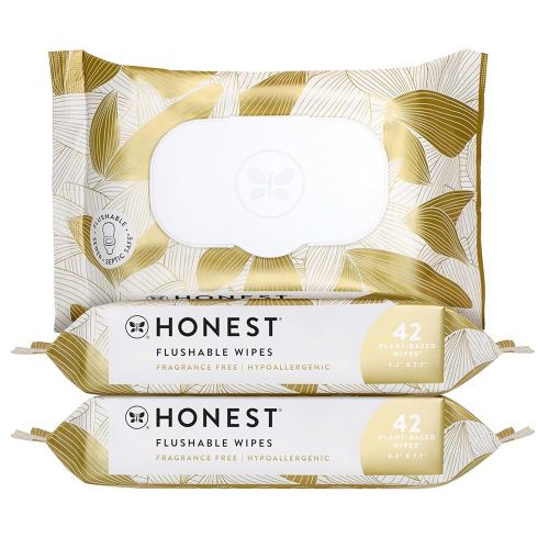 The Honest Company Flushable Wipes for Sensitive Skin | Fragrance Free, Hypoallergenic, 99% Water, Safe to Flush | pH Balanced Feminine Wipes | Gilded Wings, 126 Count