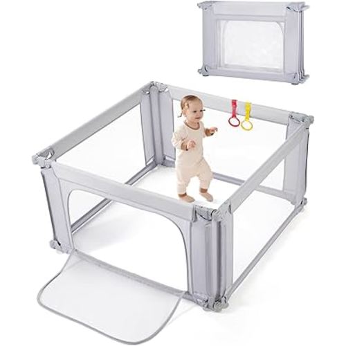Baby Playpen 47x47 Inch Playpen,Adjustable Playard for Babies and Toddlers,Small Baby Play Pens,Indoor Outdoor Play Yard for Infants with Zipper Door&360°Mesh Cloth,Grey