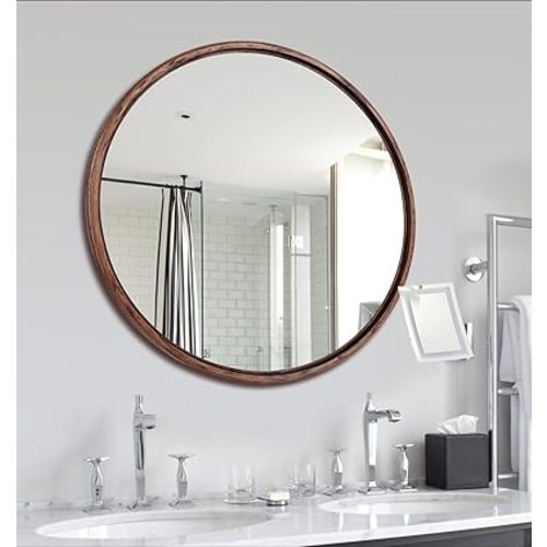 Round Solid Oak Wood Mirror, 24x24 Inch Medium Size, Walnut Frame, Modern Decorative Wall Makeup Mirror for Bathroom, Bedroom, Living Room(Walnut, 24" x 24")