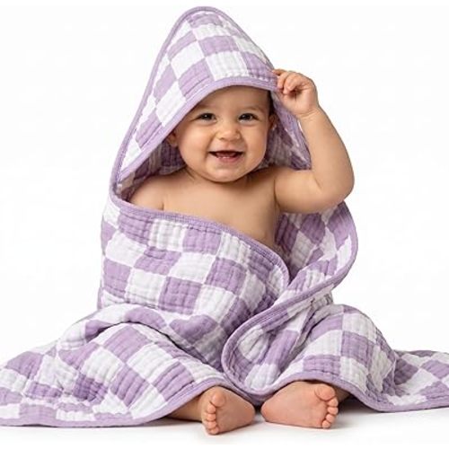 Ultra-Soft Muslin Baby Towel - 32 x 32 Inches, Ideal for Bath & Beach, Suitable for Both Boys & Girls from Newborns to Toddlers(Purple Plaid)