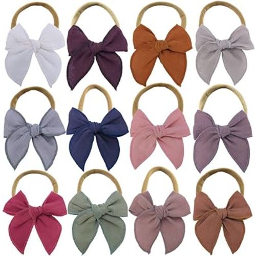 Sugarmelon Linen Bow Nylon Headband for Baby Newborn Infant Toddler Hair Bow Elastic Bands for Baby Girls Little Kids Headbands (Linen Fable bow 3'')