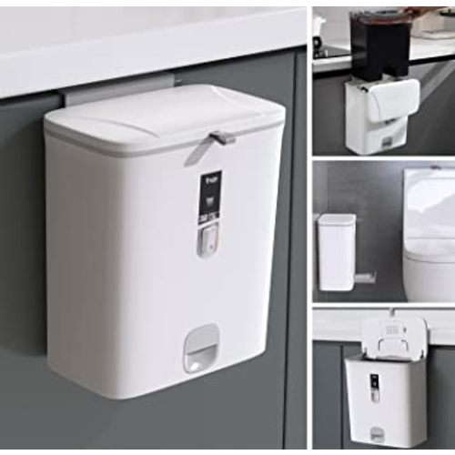 Sooyee Kitchen Trash Can with Lid,2.4 Gallon Small Hanging or Standing Plastic Compost Bin for Bathroom/Cupboard/Bedroom/Office/Camping,Waste Basket,White