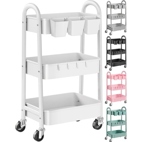 3 Tier Rolling Cart with Wheels, Metal Utility Storage Cart on Wheels, Craft Carts Organizer with Hanging Cups, Hooks, Three Tiered Rolling Carts for Bathroom, Laundry Room, Nursery, Office, White