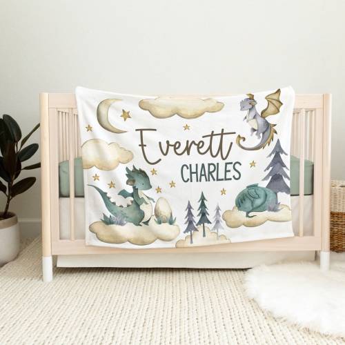 Baby Boy Personalized Dragon Blanket, Dragon Nursery Baby Blanket, Custom Name Baby Boy Name Blanket, FairyTale Dragons, Toddler Boy Blanket